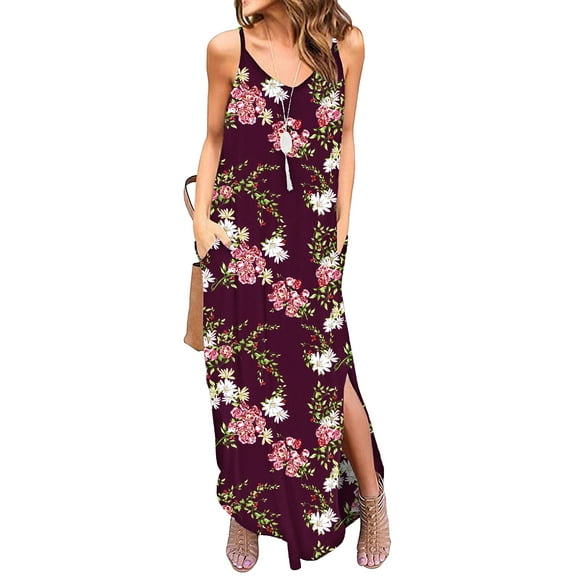MLANM Women Summer Casual Dress Floral Loose Boho Dresses Cami Maxi Dresses with Pockets, S Print Wine Red