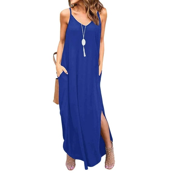 MLANM Women Summer Casual Dress Floral Loose Boho Dresses Cami Maxi Dresses with Pockets, S Royal Blue