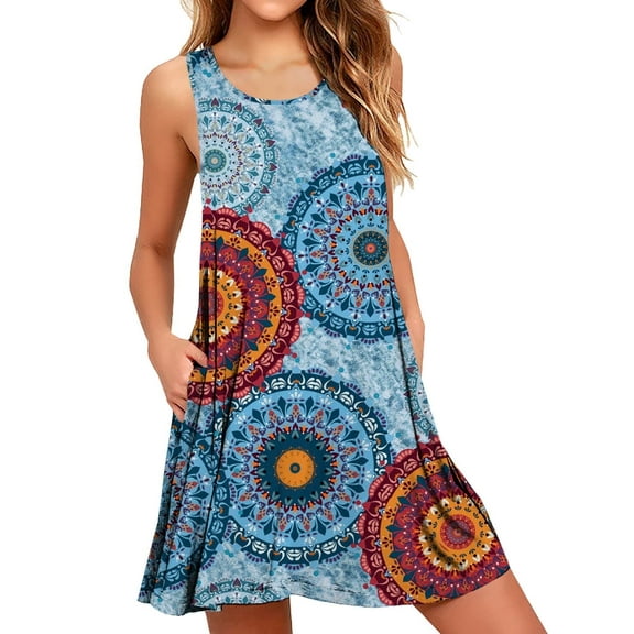MLANM Women Summer Casual Swing T Shirt Dresses Beach Cover Up Loose Dress with Pockets, L Mix Blue