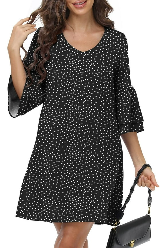 Women Summer T-Shirts Dress V Neck Casual Loose Mini Swing Shift Dresses, M Dot Black