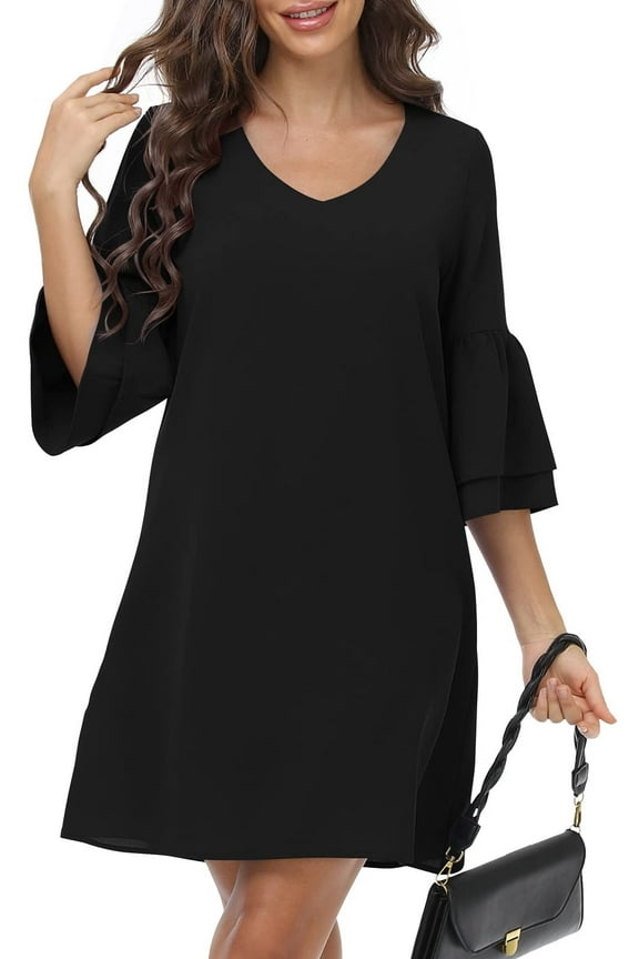 Women Summer T-Shirts Dress V Neck Casual Loose Mini Swing Shift Dresses, S Black