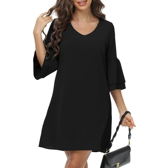 MLANM Women Summer T-Shirts Dress V Neck Casual Loose Mini Swing Shift Dresses, S Black