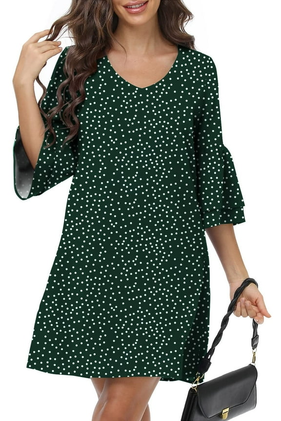 Women Summer T-Shirts Dress V Neck Casual Loose Mini Swing Shift Dresses, S Dot Dark Green