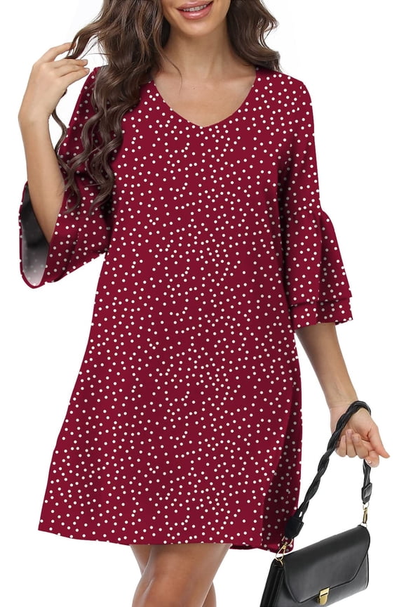 Women Summer T-Shirts Dress V Neck Casual Loose Mini Swing Shift Dresses, S Dot Red