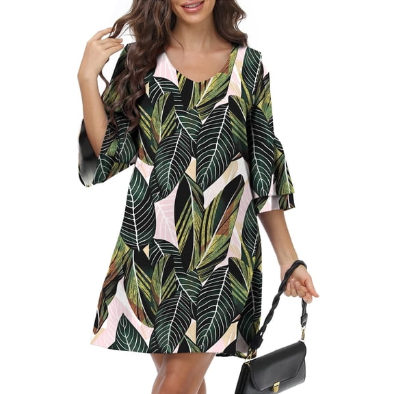 MLANM Women Summer T-Shirts Dress V Neck Casual Loose Mini Swing Shift Dresses, S Green Leaf
