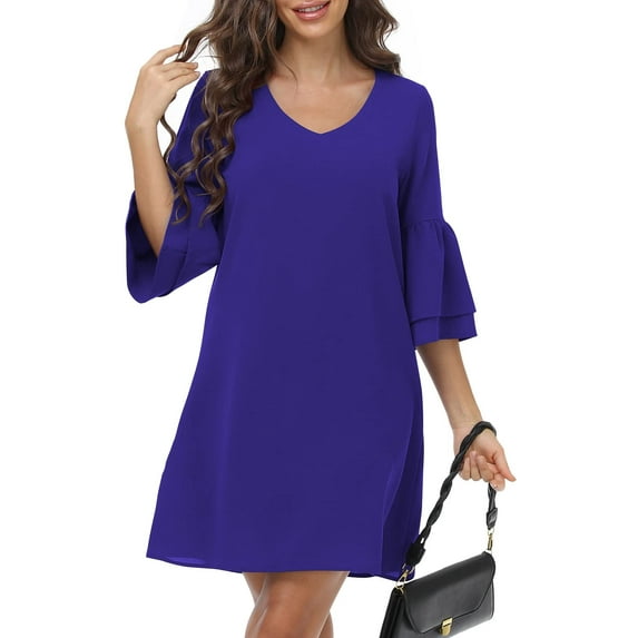 MLANM Women Summer T-Shirts Dress V Neck Casual Loose Mini Swing Shift Dresses, S Royal Blue