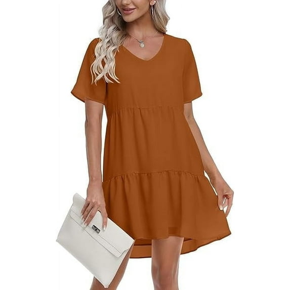 MLANM Women Summer Tunic Dress V Neck Casual Loose Flowy Swing Shift Dresses, 2XL Caramel