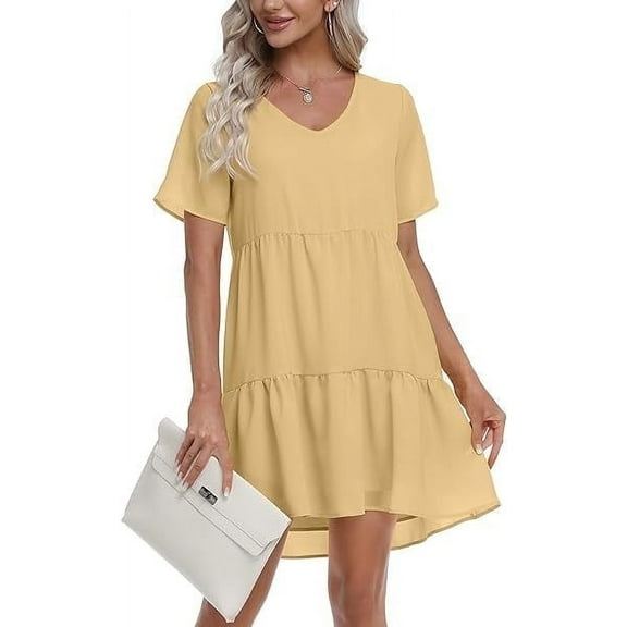 MLANM Women Summer Tunic Dress V Neck Casual Loose Flowy Swing Shift Dresses, L Beige Apricot