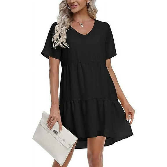 MLANM Women Summer Tunic Dress V Neck Casual Loose Flowy Swing Shift Dresses, M Black