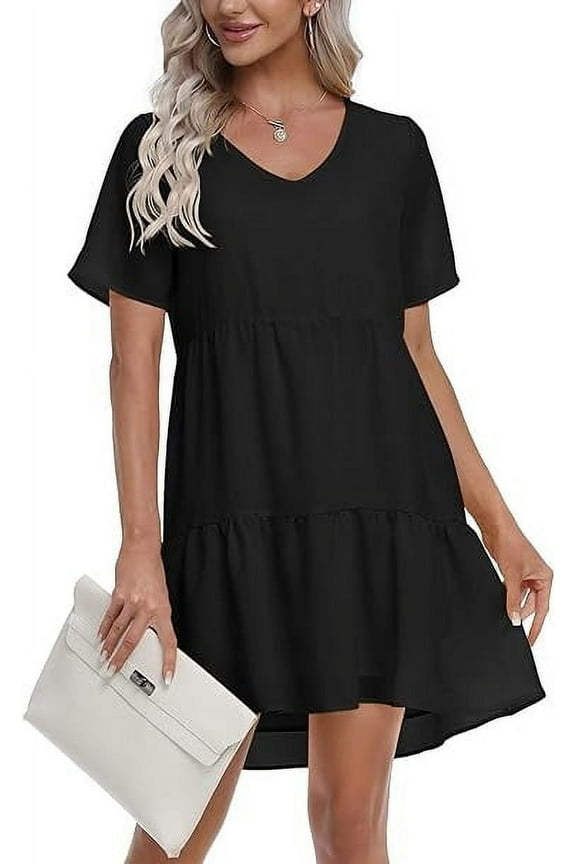Women Summer Tunic Dress V Neck Casual Loose Flowy Swing Shift Dresses, M Black