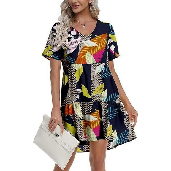 MLANM Women Summer Tunic Dress V Neck Casual Loose Flowy Swing Shift Dresses, M Print Geometry
