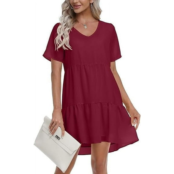 MLANM Women Summer Tunic Dress V Neck Casual Loose Flowy Swing Shift Dresses, M Wine Red