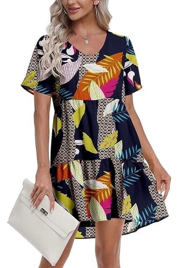 Women Summer Tunic Dress V Neck Casual Loose Flowy Swing Shift Dresses, XL Print Geometry