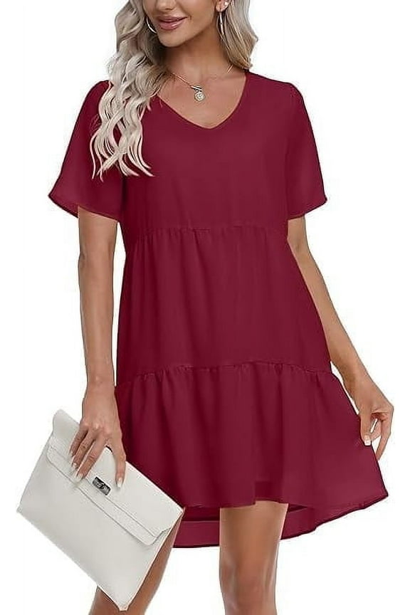 Women Summer Tunic Dress V Neck Casual Loose Flowy Swing Shift Dresses, XL Wine Red