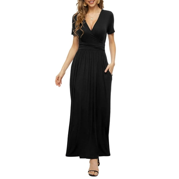 MLANM Women's Empire Waist Maxi Dress Casual V Neck Long Dresses with Pockets, M Black