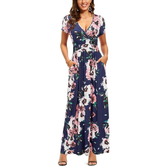 MLANM Women's Empire Waist Maxi Dress Casual V Neck Long Dresses with Pockets, M Floral Pink