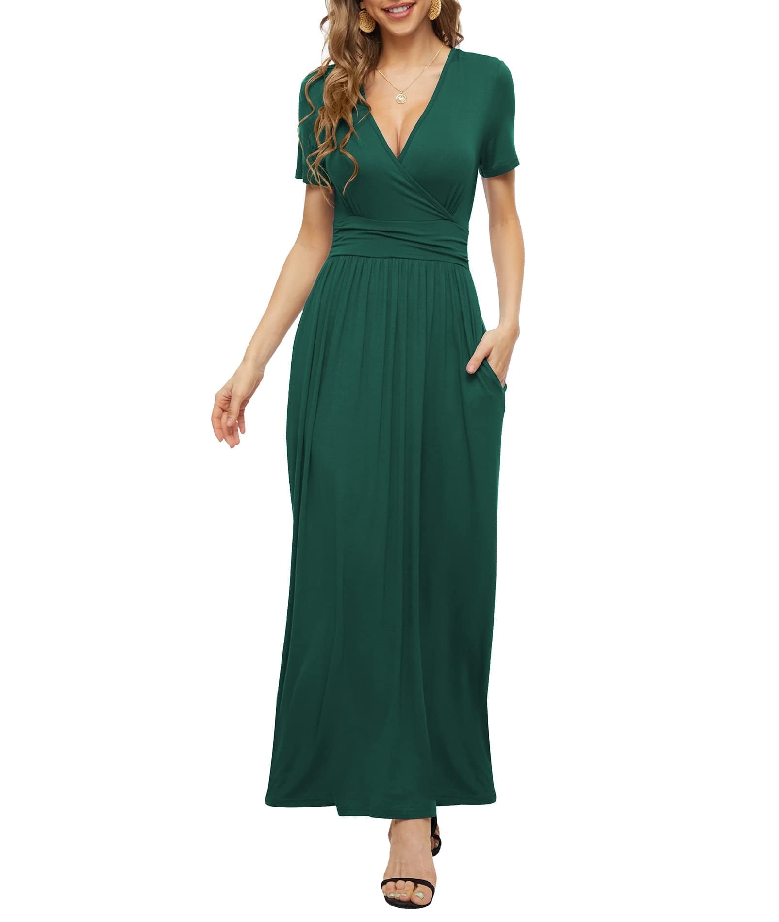 MLANM Women's Empire Waist Maxi Dress Casual V Neck Long Dresses with  Pockets, S Dark Green - Walmart.com