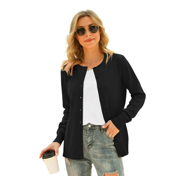 MLANM Women's Long Sleeve Button Down Crew Neck Classic Sweater Knit Cardigan, 2XL Black