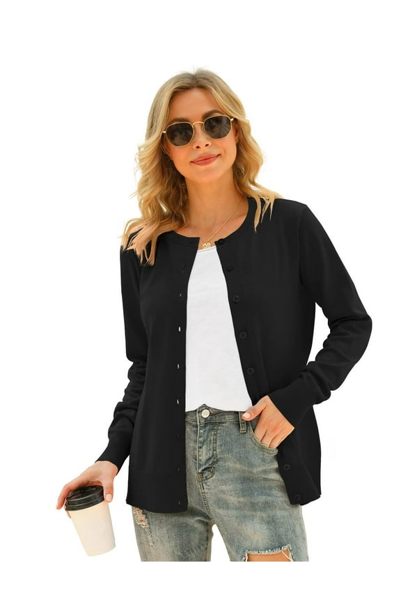 Women's Long Sleeve Button Down Crew Neck Classic Sweater Knit Cardigan, S Black