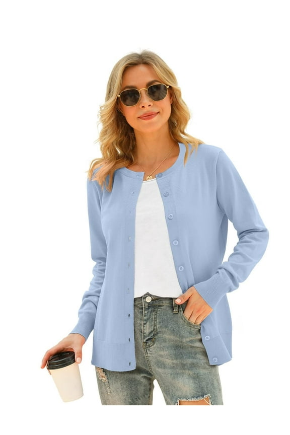 Women's Long Sleeve Button Down Crew Neck Classic Sweater Knit Cardigan, S Light Blue