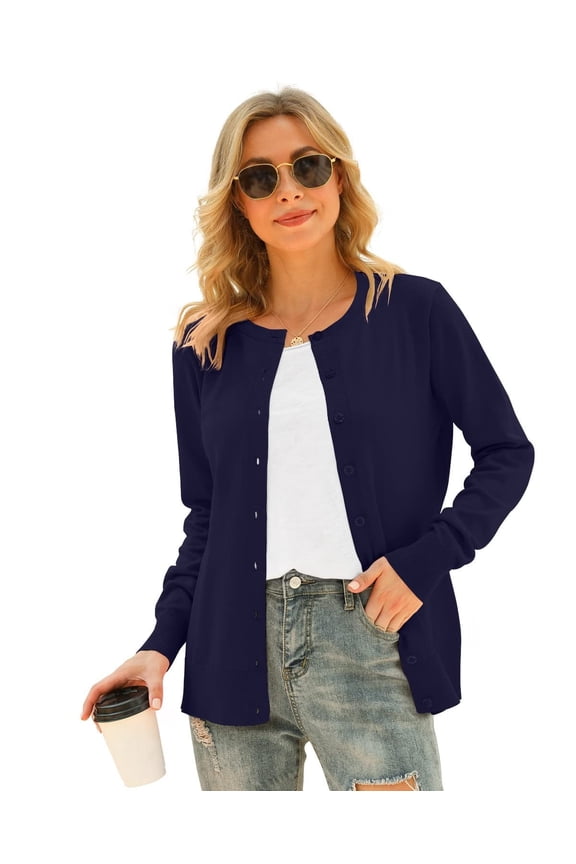 Women's Long Sleeve Button Down Crew Neck Classic Sweater Knit Cardigan, S Royal Blue
