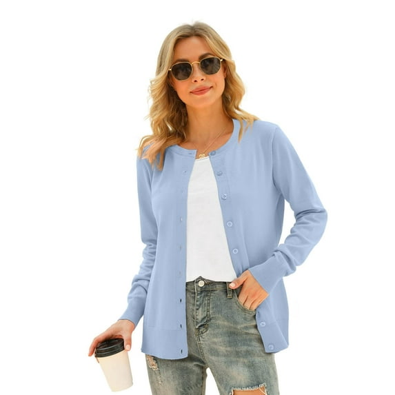 MLANM Women's Long Sleeve Button Down Crew Neck Classic Sweater Knit Cardigan, XL Light Blue