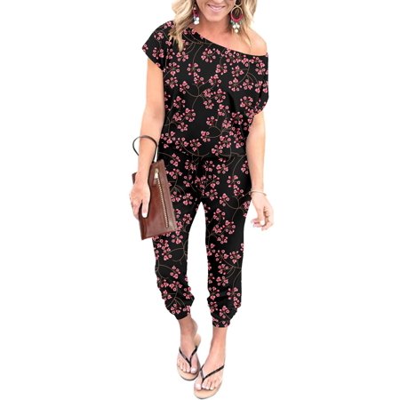 MLANM Women's Loose Solid Off Shoulder Elastic Waist Stretchy Long Romper Jumpsuit, XL Gypsophila Black