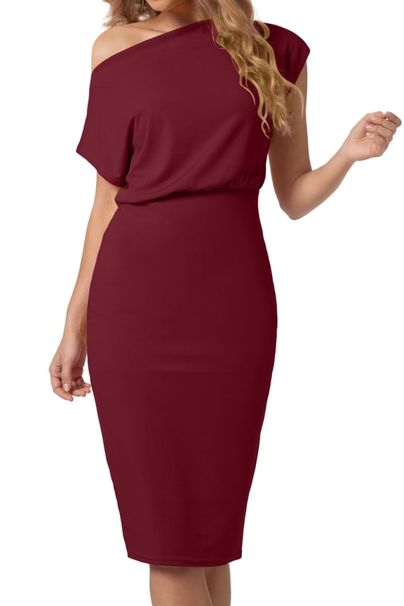 Women's Off The Shoulder Short Sleeve Ribbed Casual Party Bodycon Midi Dress, M Wine Red