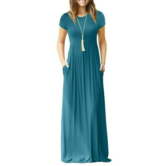 MLANM Women's Short Sleeve Casual Maxi Dresses Empire Party Evening Dress with Pockets,2XL Acid Blue