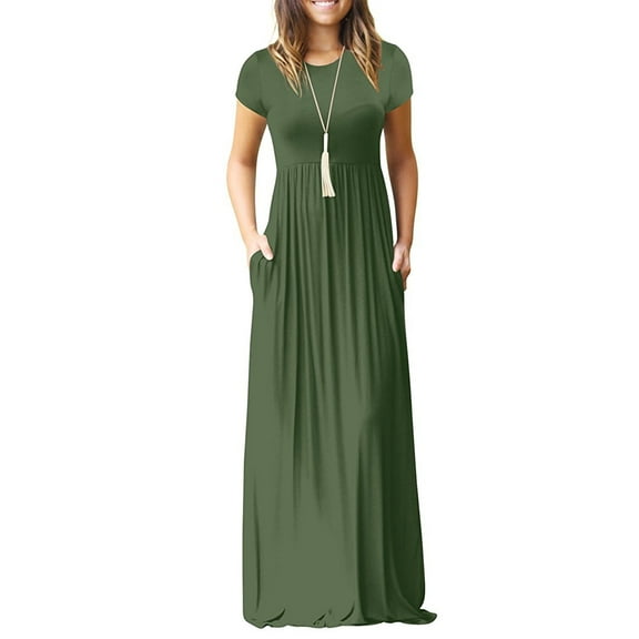MLANM Women's Short Sleeve Casual Maxi Dresses Empire Party Evening Dress with Pockets,2XL Army Green
