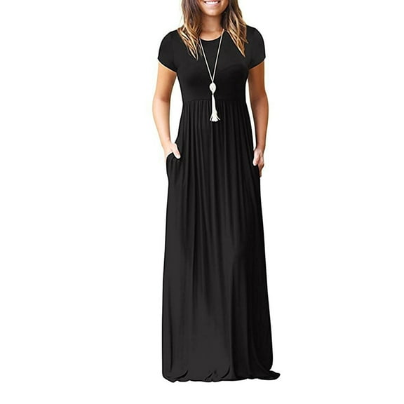 MLANM Women's Short Sleeve Casual Maxi Dresses Empire Party Evening Dress with Pockets,2XL Black
