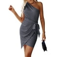 thumbnail image 1 of MLANM Women's Summer One Shoulder Ruched Bodycon Dress Sleeveless Split Cocktail Party Dresses, L Grey Blue, 1 of 7