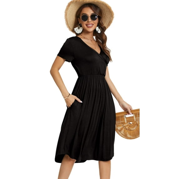 MLANM Women's Summer Short Sleeve Casual Wrap V-Neck Floral Party Dress with Pockets, 3XL Plain Black