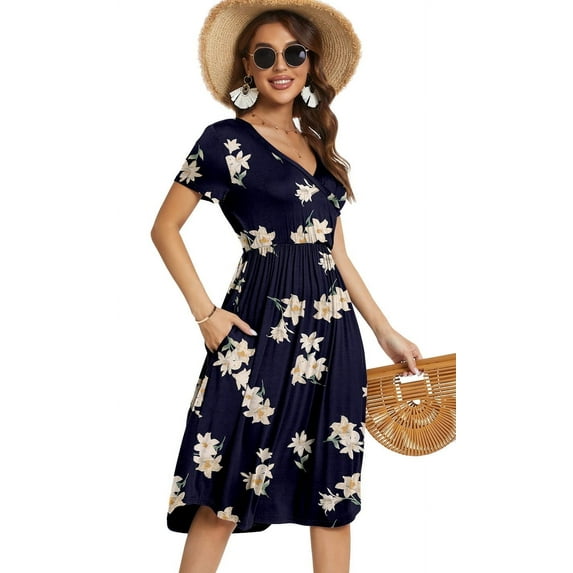 MLANM Women's Summer Short Sleeve Casual Wrap V-Neck Floral Party Dress with Pockets, L Navy Lily