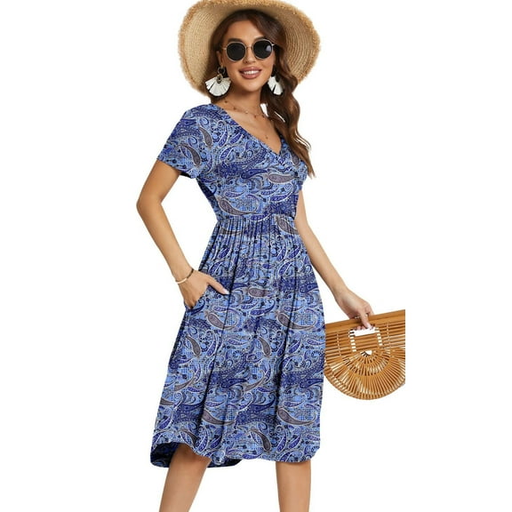 MLANM Women's Summer Short Sleeve Casual Wrap V-Neck Floral Party Dress with Pockets, S Flourishing Blue