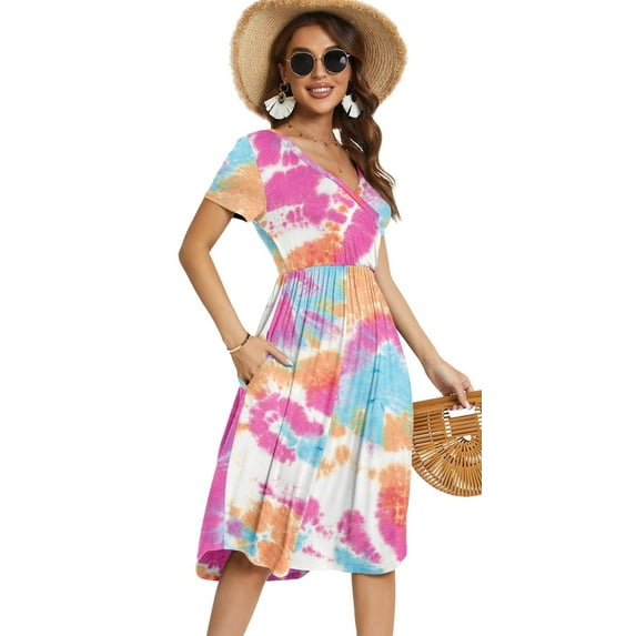 MLANM Women's Summer Short Sleeve Casual Wrap V-Neck Floral Party Dress with Pockets, S Tie-dye White