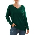 thumbnail image 1 of MLANM Women's V-Neck Pullover Sweaters Side Split Tunic Sweatshirt Casual Long Sleeve Knit tops, S Dark Green, 1 of 6