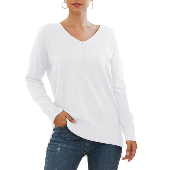 MLANM Women's V-Neck Pullover Sweaters Side Split Tunic Sweatshirt Casual Long Sleeve Knit tops, S White