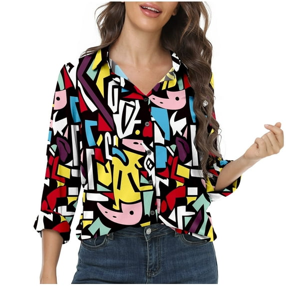 MLANM Womens Casual Button Down Shirts V Neck Long Sleeve Collared Office Work Blouses Tops, 2XL Mix Color