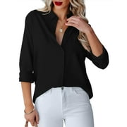 MLANM Womens Casual Button Down Shirts V Neck Long Sleeve Collared Office Work Blouses Tops , M Black