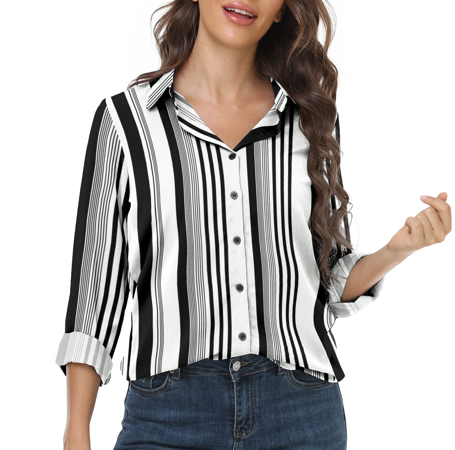 MLANM Womens Casual Button Down Shirts V Neck Long Sleeve Collared ...