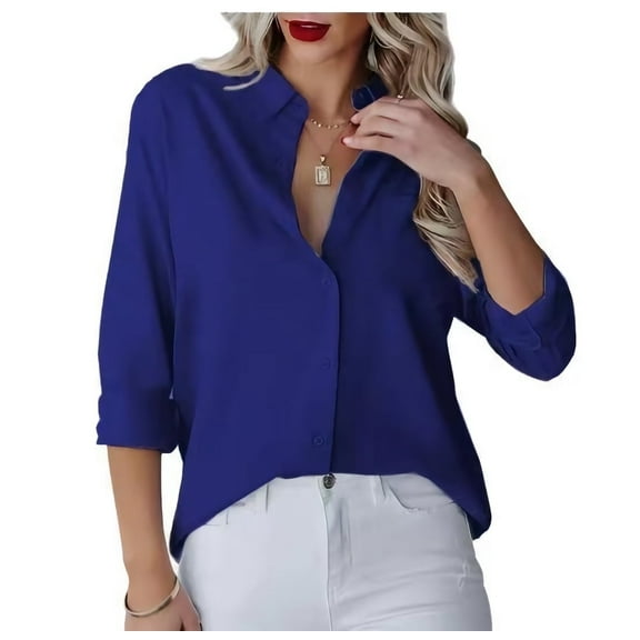 MLANM Womens Casual Button Down Shirts V Neck Long Sleeve Collared Office Work Blouses Tops, S Royal Blue
