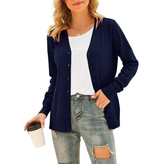 MLANM Womens Long Sleeve Open Front Cardigans Classic V Neck Button Down Sweaters, 2XL Navy