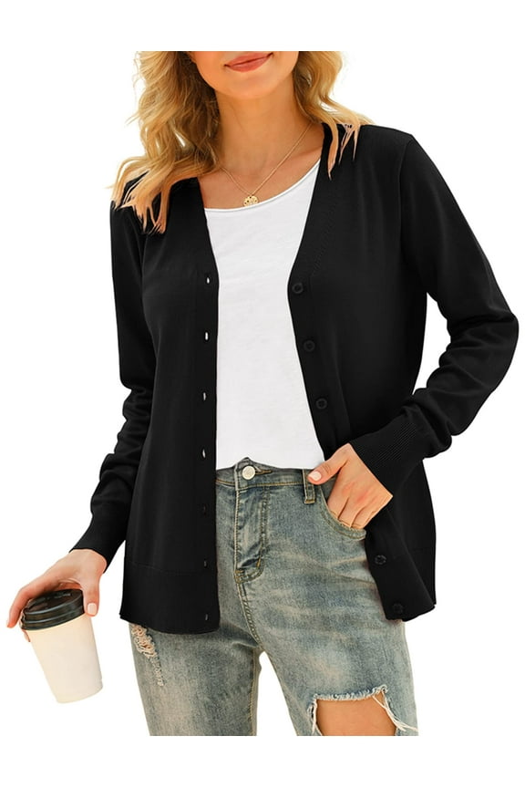Womens Long Sleeve Open Front Cardigans Classic V Neck Button Down Sweaters, 3XL Black