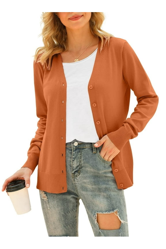 Womens Long Sleeve Open Front Cardigans Classic V Neck Button Down Sweaters, L Orange