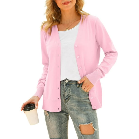 MLANM Womens Long Sleeve Open Front Cardigans Classic V Neck Button Down Sweaters, L Pink