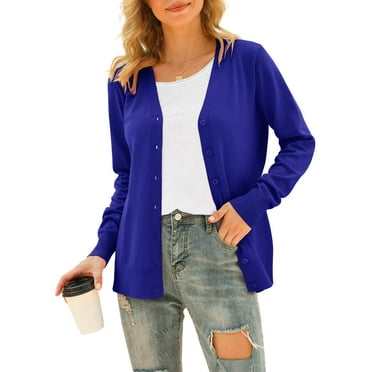 MLANM Womens Long Sleeve Open Front Cardigans Classic V Neck Button Down Sweaters, L Royal Blue