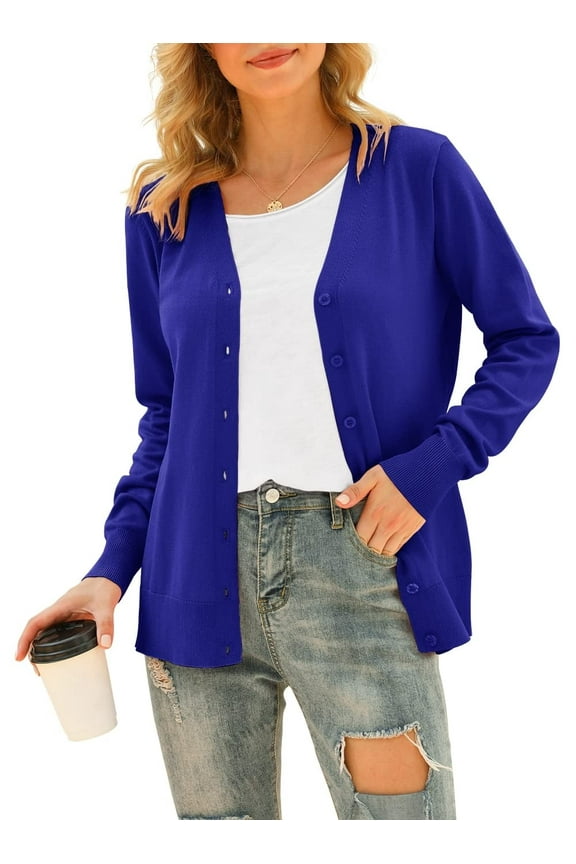 Womens Long Sleeve Open Front Cardigans Classic V Neck Button Down Sweaters, M Royal Blue