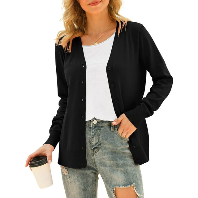 MLANM Womens Long Sleeve Open Front Cardigans Classic V Neck Button Down Sweaters, S Black