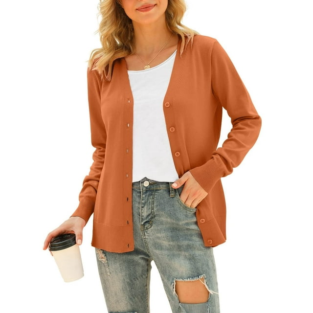 MLANM Womens Long Sleeve Open Front Cardigans Classic V Neck Button Down Sweaters, XL Orange